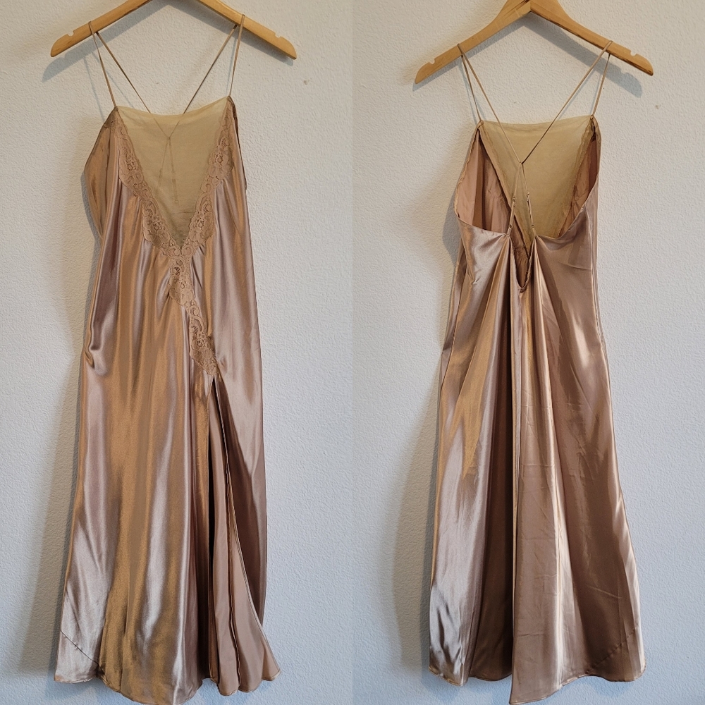 Vintage tan lace and Satin chemise slip dress with split